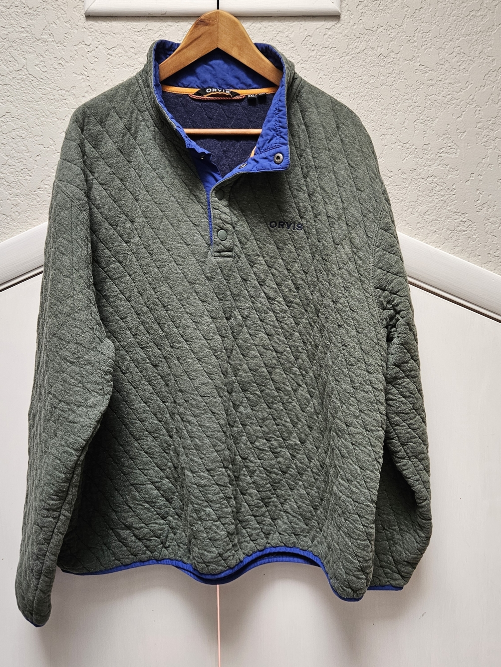 Orvis Men's Quilted Pullover Jacket - Olive Green with Blue Trim
